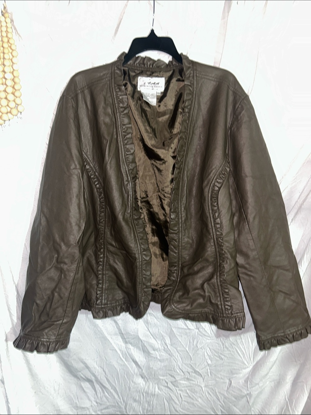Back in the Saddle Olive Ruffle-Trim faux Leather Jacket sz 2X EUC